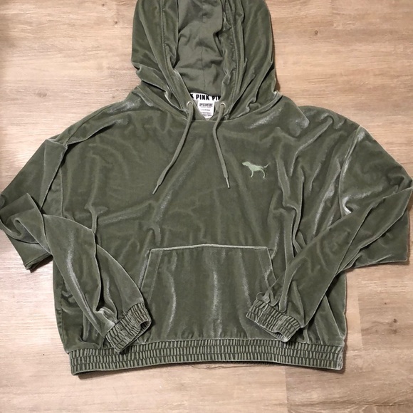 PINK Victoria's Secret Tops - Green velvet/velour cropped hoodie